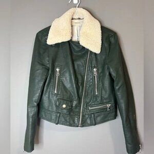 Zara Women faux leather Removable shearling Collar green biker Aviator Jacket S